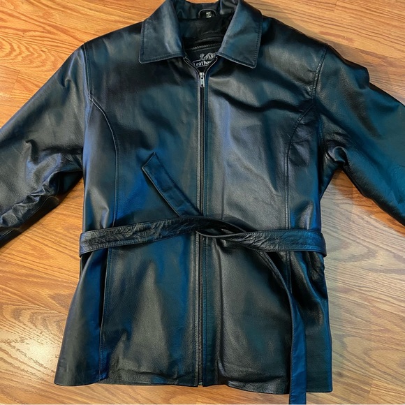 Vintage Y2K Leather Jacket Bomber Jacket Tie Waist Black Soft Leather Coat - Picture 2 of 14